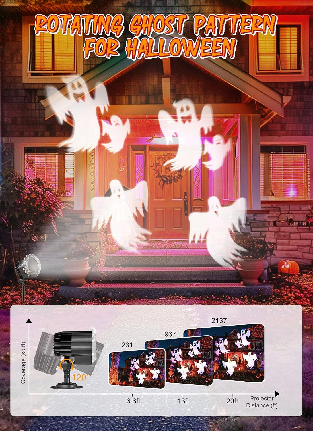 Halloween Projector Lights Outdoor, Rotating Ghost Projector Halloween, Waterproof Halloween Light Projector Landscape Lights for Outdoor Indoor, Yard, Patio, Garden, Party Decor