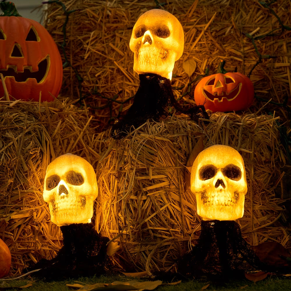 Joyfy 3 Pack Halloween Light up Skeleton Decorations Outdoor,Halloween Graveyard Spooky Skull Stakes Pathway Lights for Halloween Props Yard Decor