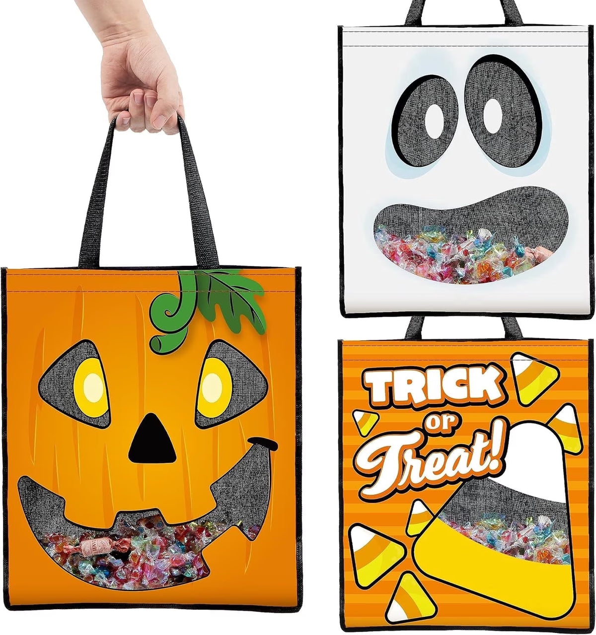 Joyfy 3 Pcs 13.75" Halloween Trick or Treat Bags with Handles, Reusable Canvas Gift Bag for Party Favor Supplies,Halloween Bags for Kids