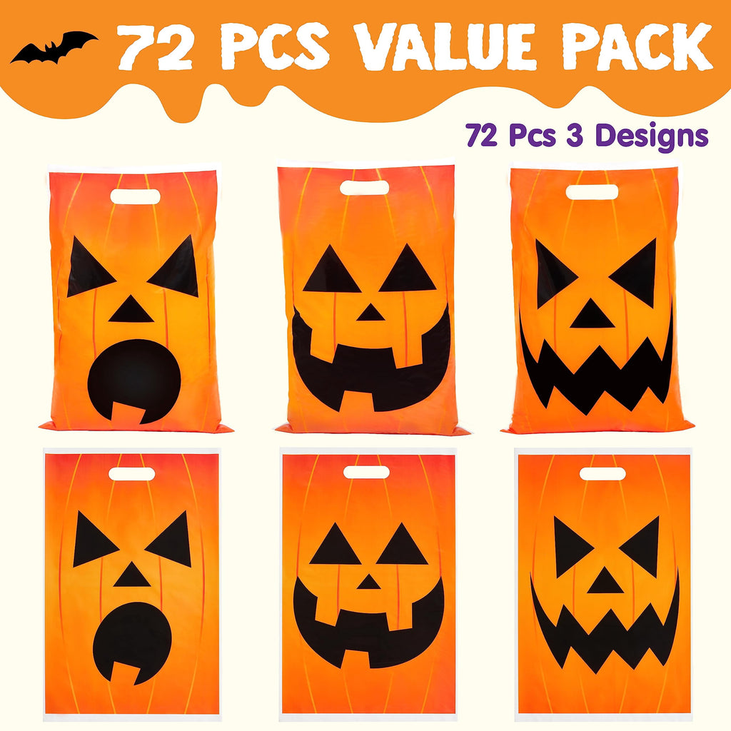 Joyfy 72 Pcs Halloween Trick or Treat Bags Large Halloween Treat Bags for Kids,Halloween Plastics Pumpkins Bags Orange Treat Bags Gift Bags