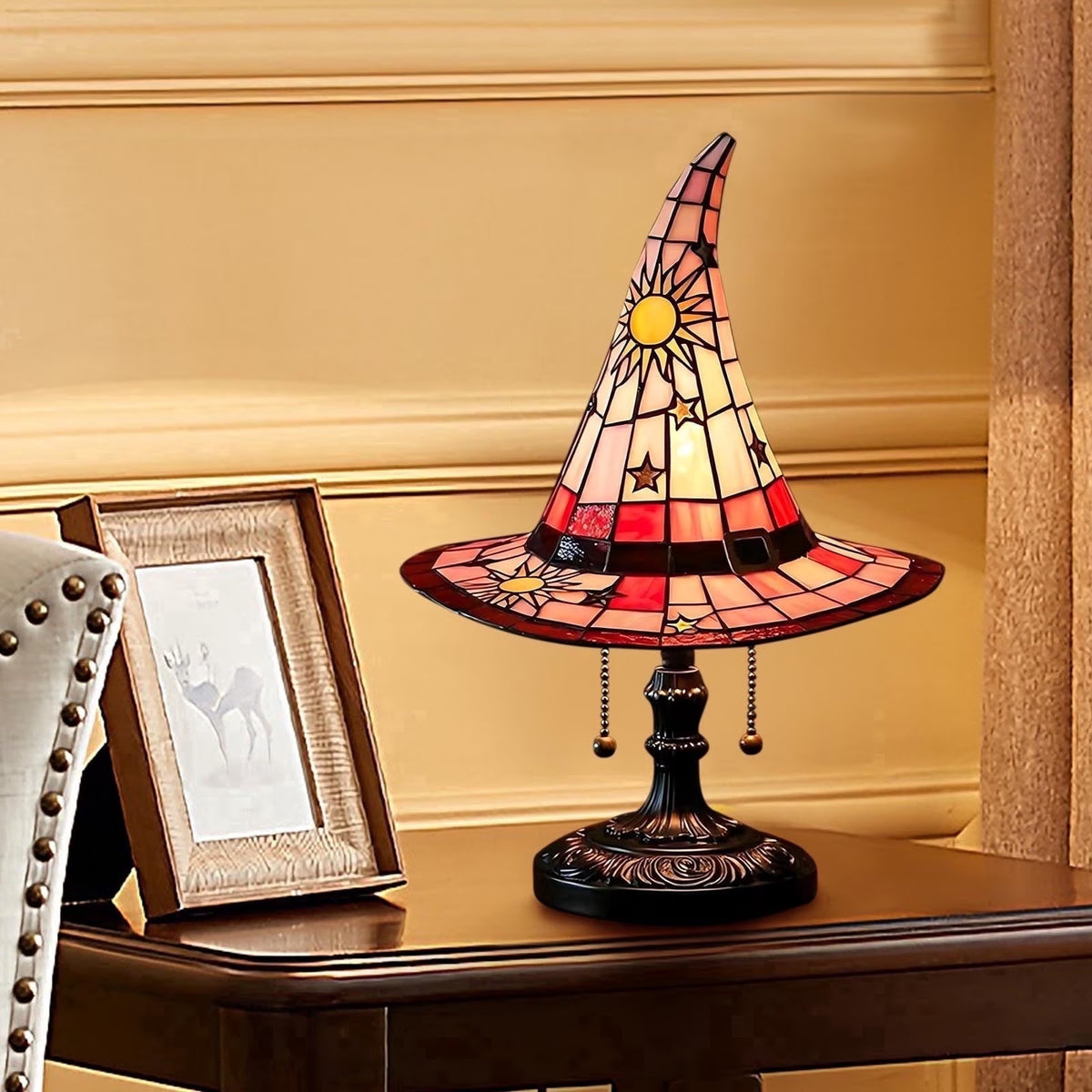 Halloween Witch Hat Table Lamp, Stained Glass Style Jack O Lantern Night Light Ghost Decor Skull Nightlight for Indoor Home Office Table Mantel Shelf Party Supply