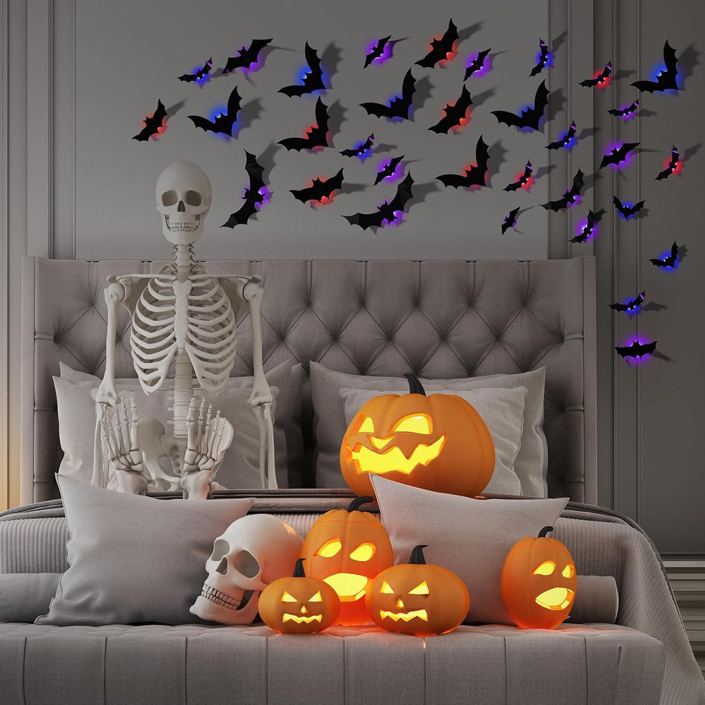 12 Pcs Halloween LED Light up Bats - 3D Halloween Bat Wall Decor Lights 10 Styles Waterproof PVC, for Halloween Party Supplies Outdoor Decor Window Desk Door Decorations, Bue, Red, Purple