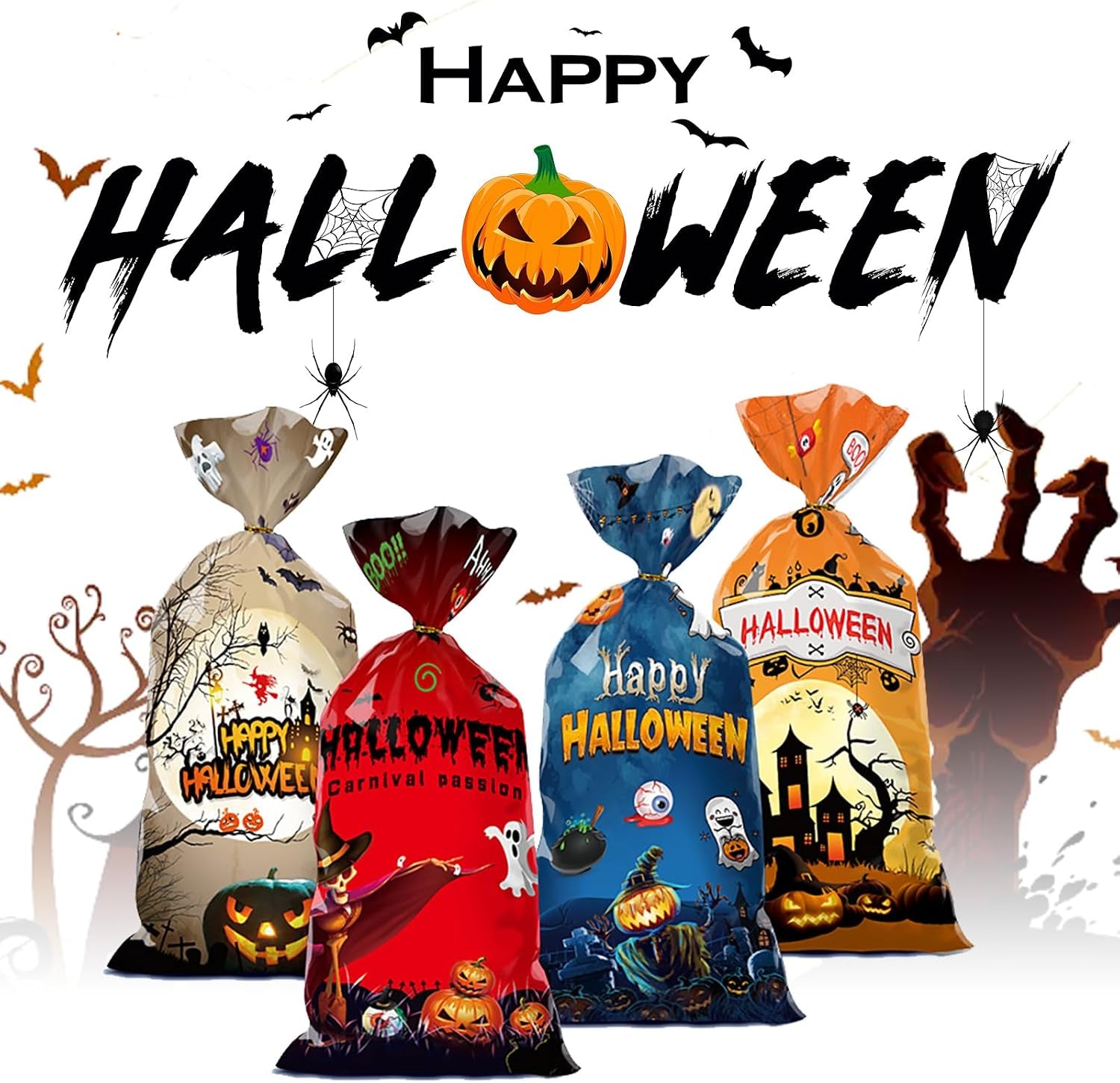 50 PCS Halloween Cellophane Treat Bags - Cookies Goodie Gift Snacks Bags with Twist Ties for Trick or Treat Party Favors