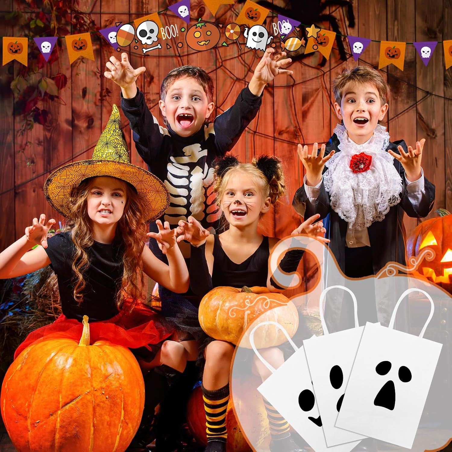 24 Pieces Ghost Halloween Treat Bags Halloween Paper Gift Goodie Bags with Handles for Candy Party Favor Supplies(White,Classic Style)