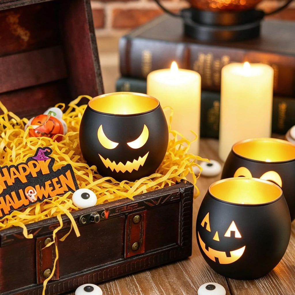 Halloween Table Decor Set of 6, Jack O Lanterns Black Glass Votive Tealight Candle Holders, Halloween Decorations Indoor Party Mantel Coffe Table Centerpiece Decor