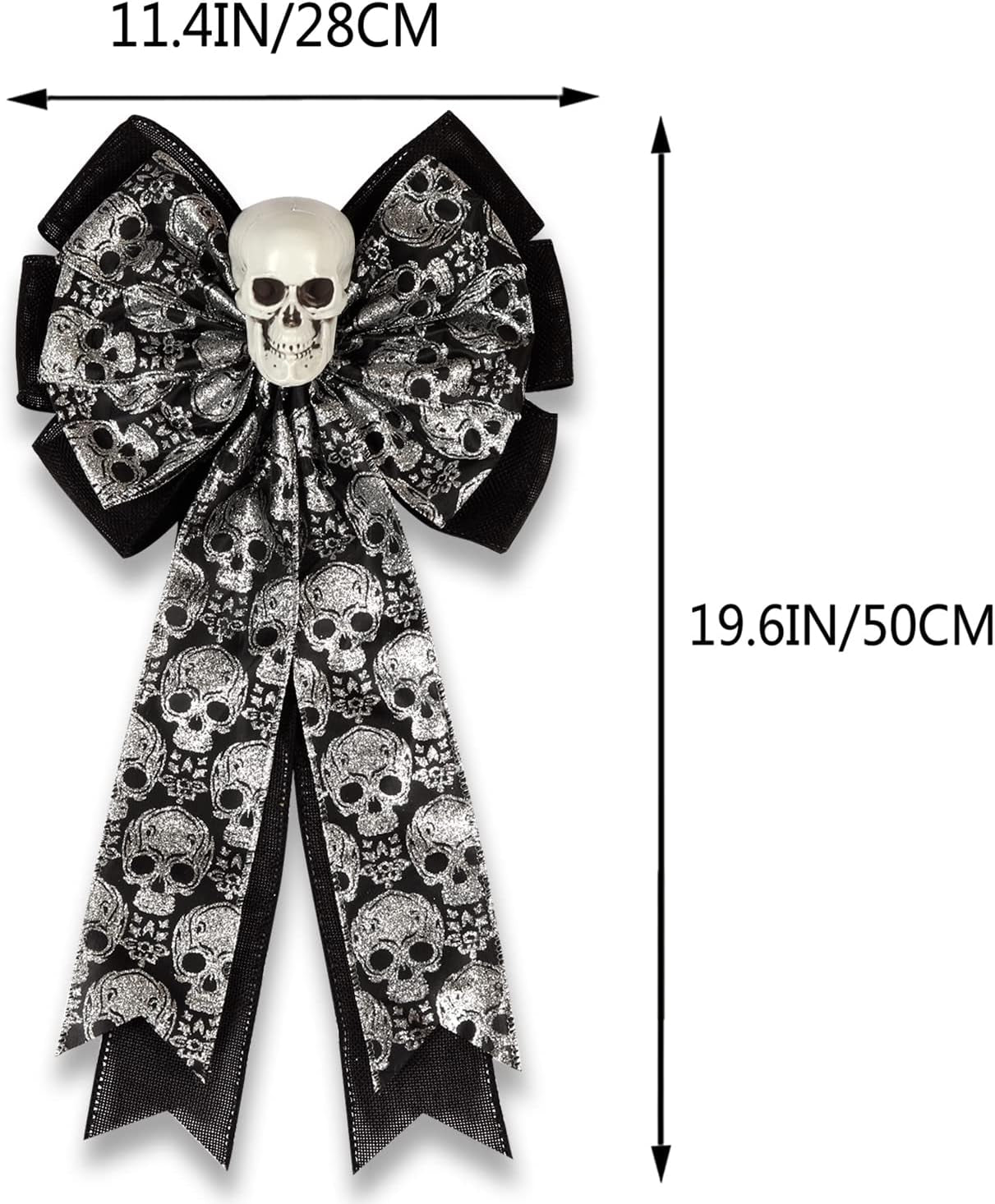 Skull Gothic Decor,Halloween Bows for Wreaths Decorations, Halloween Tree Topper Bow, Decorative Bow with Skull Glitter Silver Black Burlap for Fall Home Front Door Outdoor