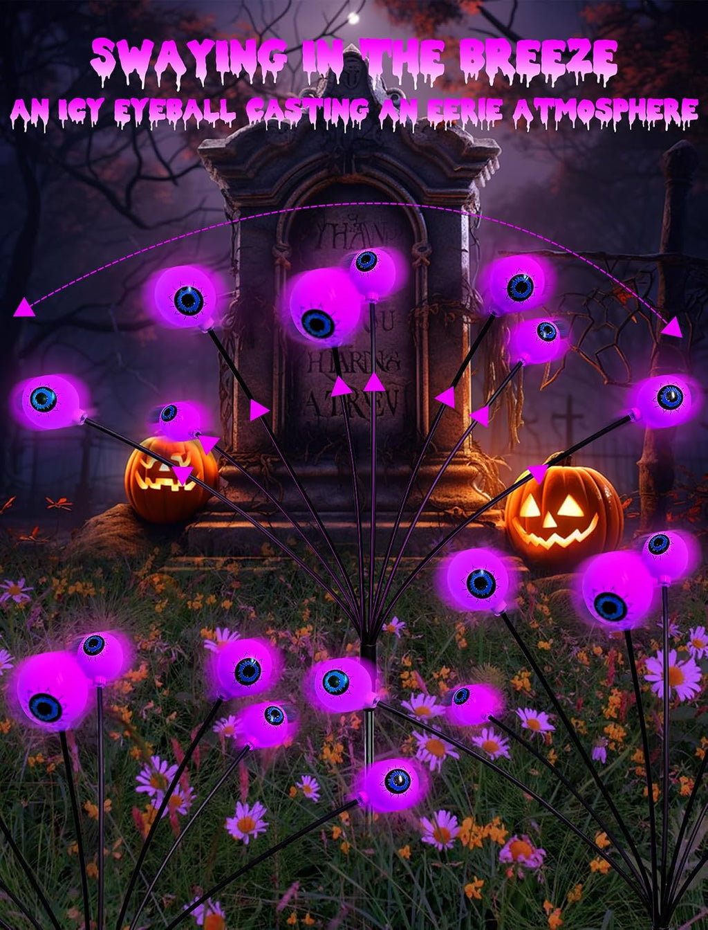 Solar Halloween Lights Outdoor Decorations - 4 Pack 32 LED Solar Eyeball Lights for Yard, Scary Eyeballs Halloween Light for Outside, Pathway, Walkway, Landscape, Garden, Party Decor (Purple)