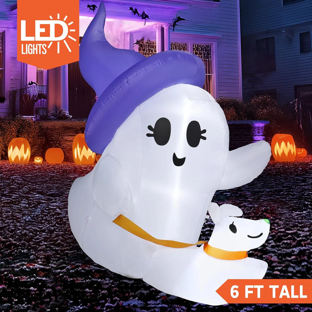 Joyfy 6 Ft Halloween Inflatable Ghost Walking Dog,Cute White Blow up Decor with LED Lights,Outdoor Yard Decoration for Garden,Lawn,Party