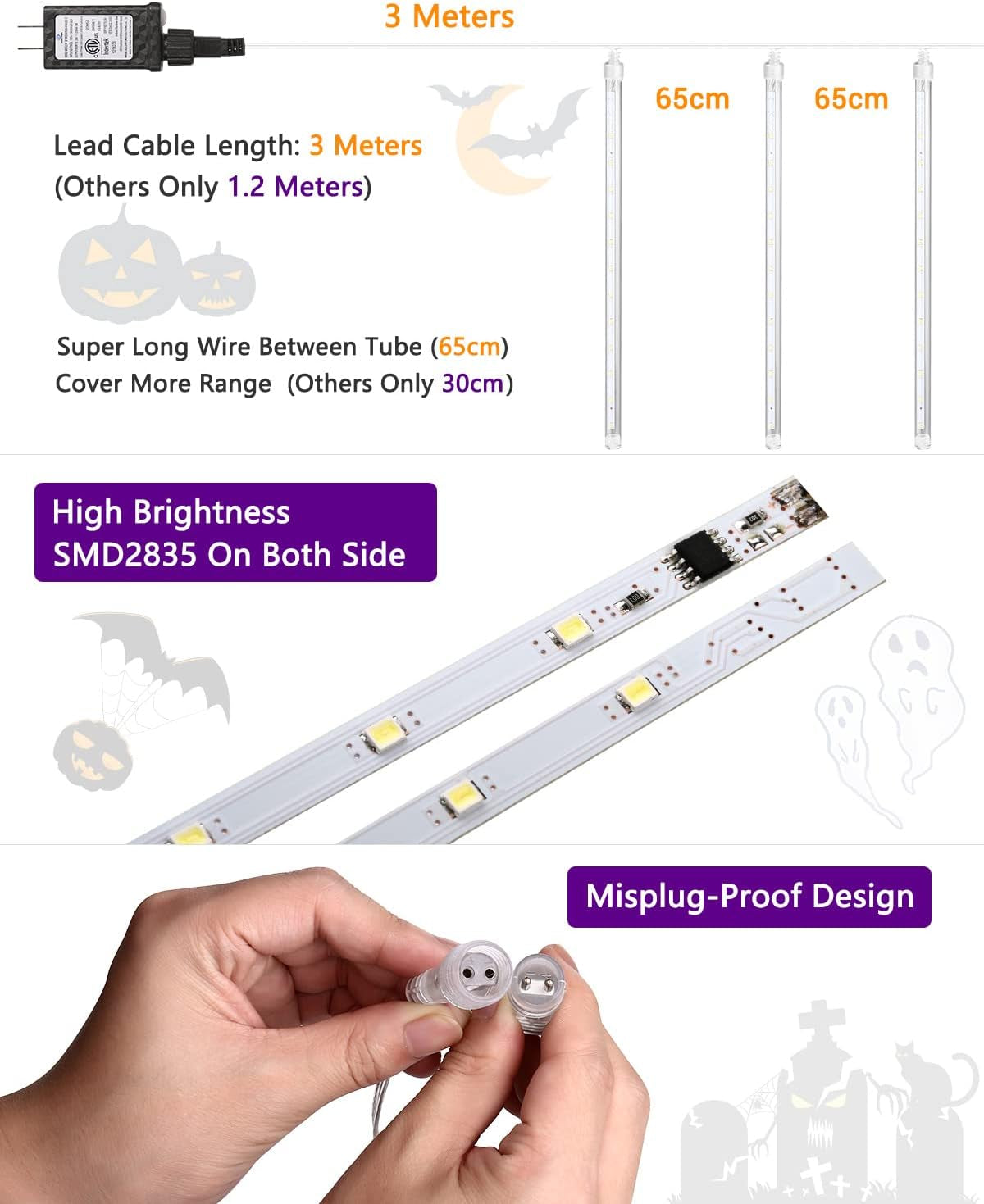 Halloween Lights 10 Tubes Orange Purple Meteor Shower Icicle Lights 240 LED