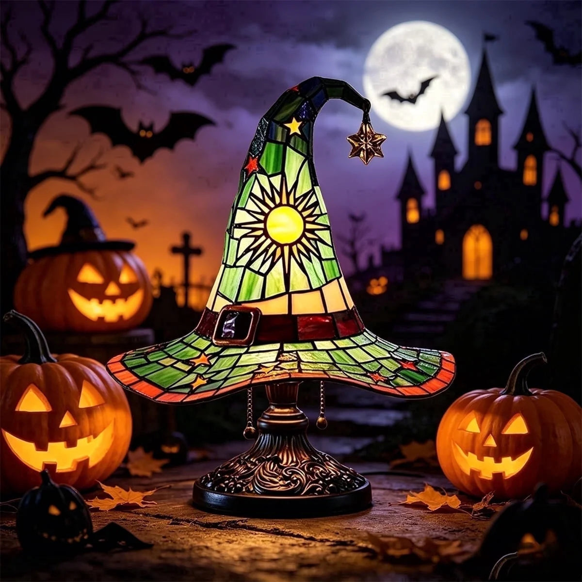Halloween Witch Hat Table Lamp, Stained Glass Style Jack O Lantern Night Light Ghost Decor Skull Nightlight for Indoor Home Office Table Mantel Shelf Party Supply