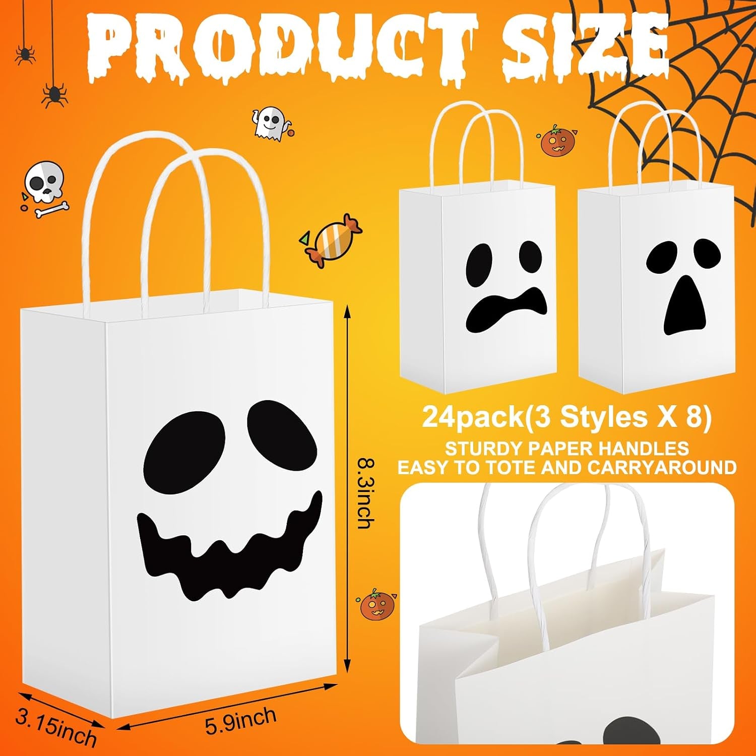 24 Pieces Ghost Halloween Treat Bags Halloween Paper Gift Goodie Bags with Handles for Candy Party Favor Supplies(White,Classic Style)