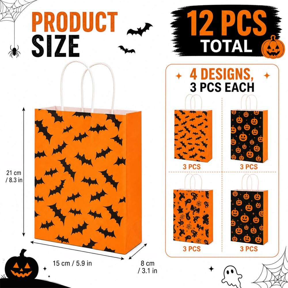 12 PCS Halloween Treat Bags with Handle for Candy Goodie Gift Snack Wrap