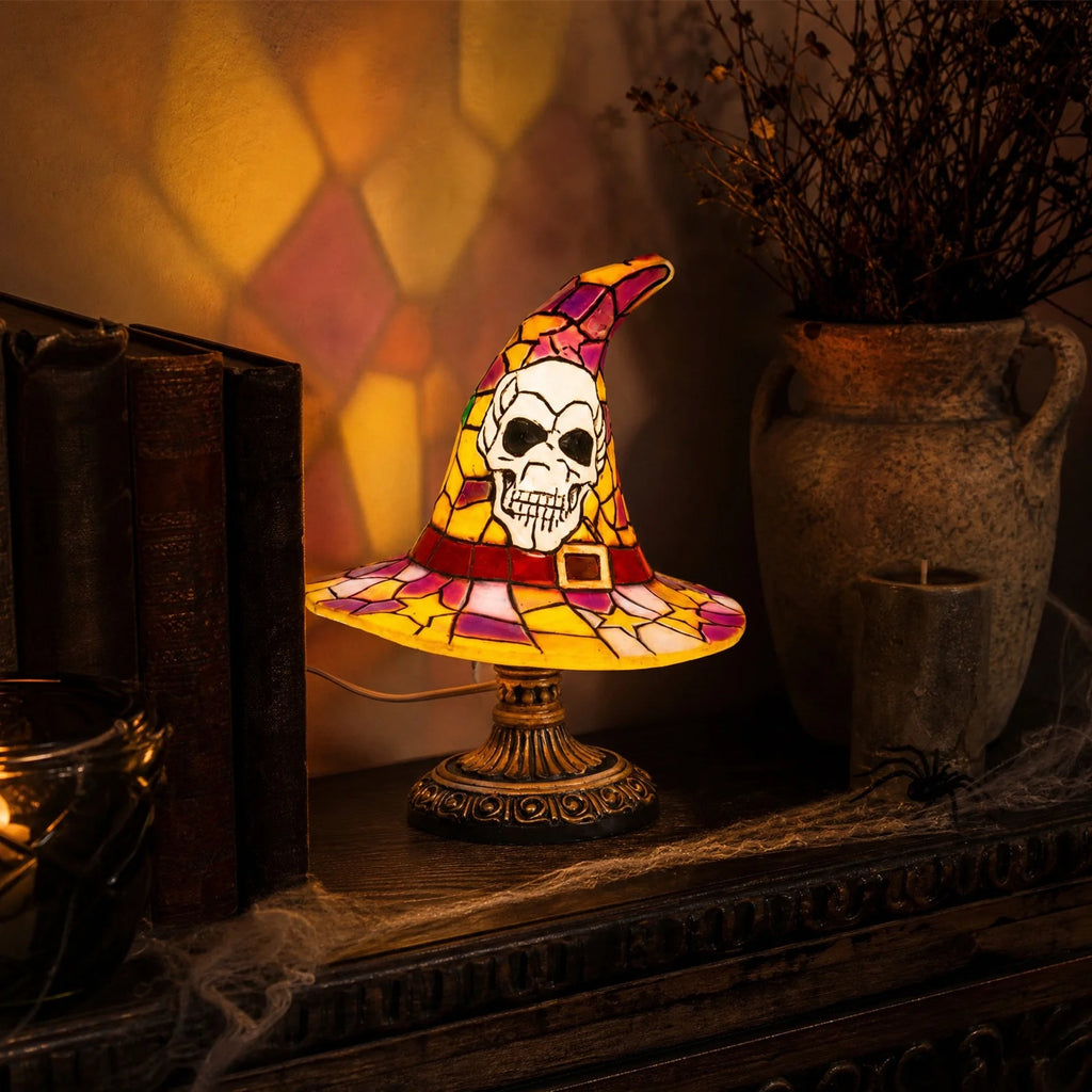 Halloween Witch Hat Table Lamp, Stained Glass Style Jack O Lantern Night Light Ghost Decor Skull Nightlight for Indoor Home Office Table Mantel Shelf Party Supply