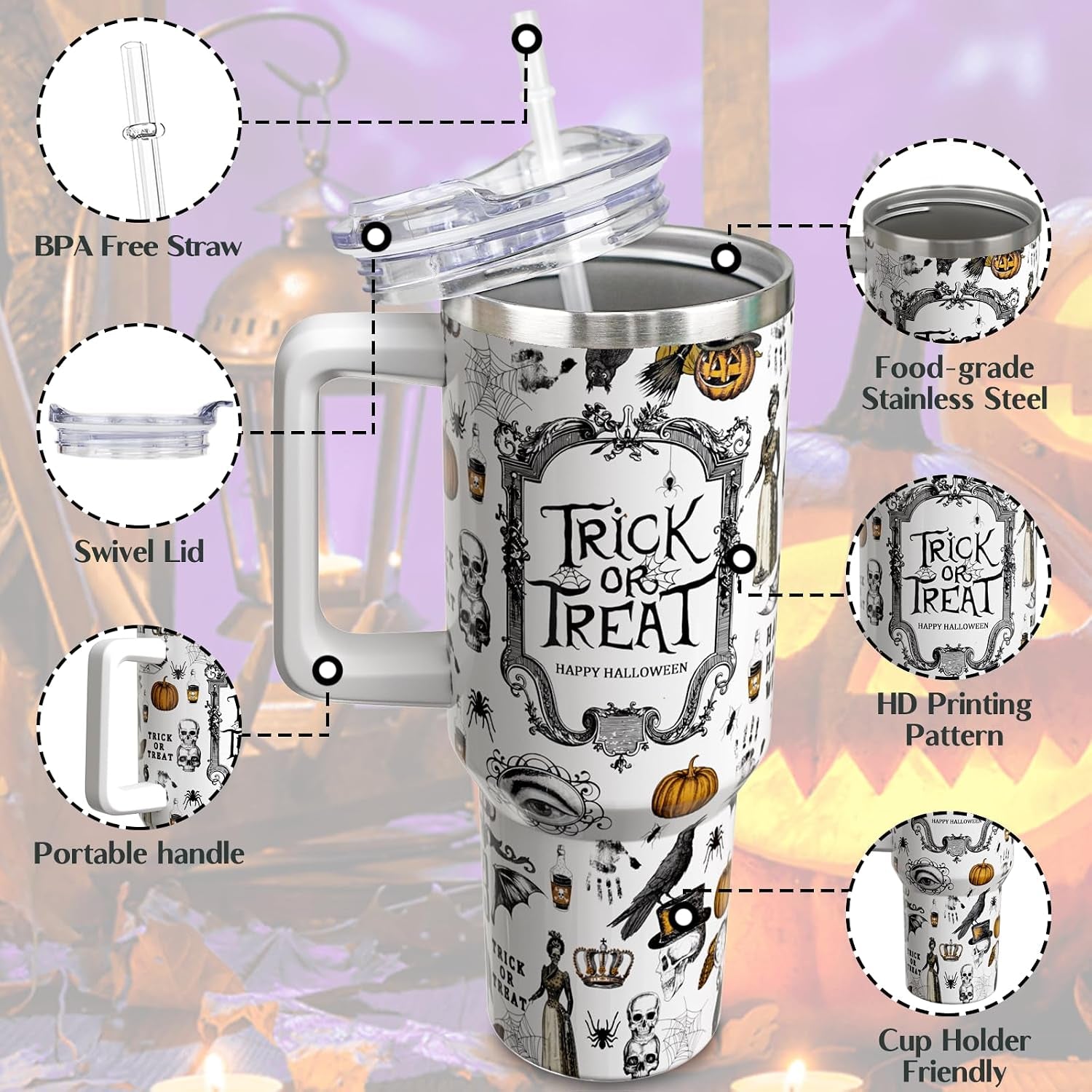 Halloween Tumbler 40 Oz Tumblers with Handle and Straw Goth Gothic Stainless Steel Insulated Coffee Cups Mugs Halloweens Gifts Stuff for Women Girls