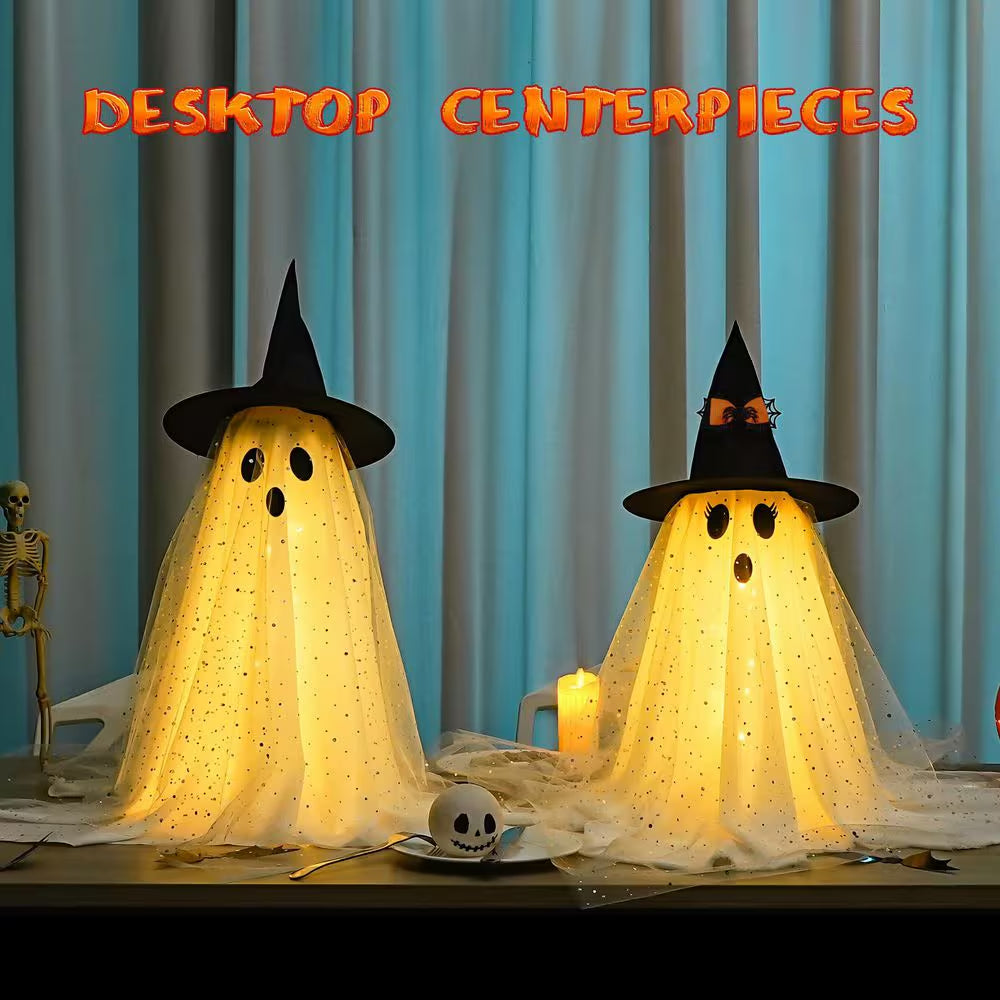 2-Piece 23.6 In. Halloween Spooky Ghost with String Lights and Remote Control, Battery Operated Halloween Table Decor