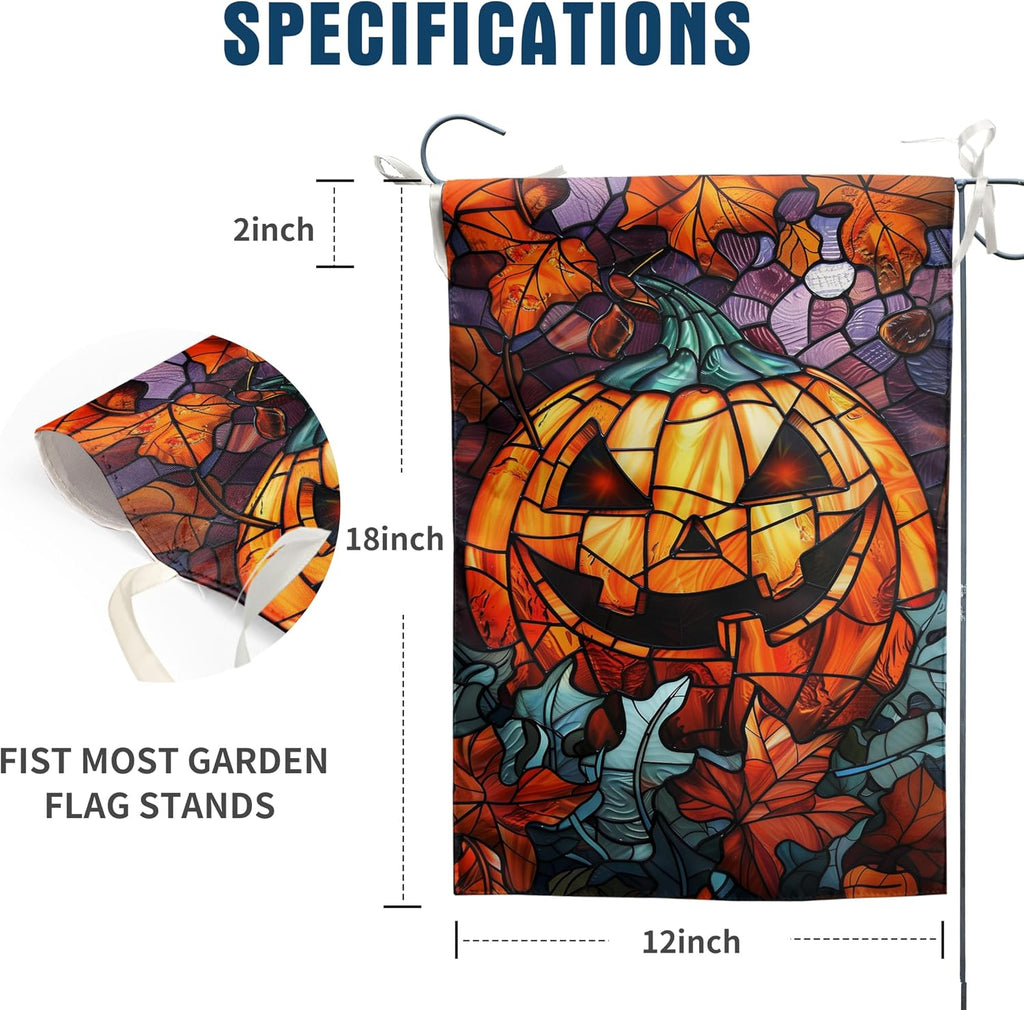 Scary Pumpkin Garden Flag Spooky Halloween Yard Flags for outside 12X18 Double Sided Small Fall Outdoor Flag Stained Glass Autumn Flags for Porch Lawn Farmhouse Thanksgiving Decor