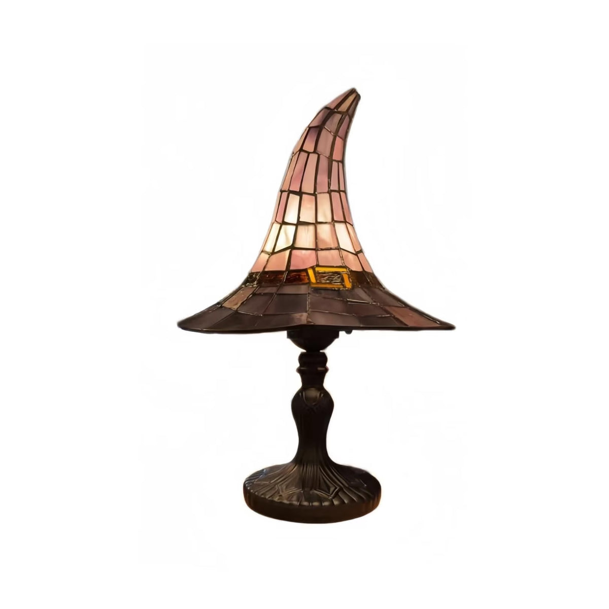 Stained Glass Witch Hat Lamp, Halloween Decoration Pink Purple Ghost Moon Small Tiffany Lamp, Gothic Indoor Halloween Table Decor Night Light - 11 Inch