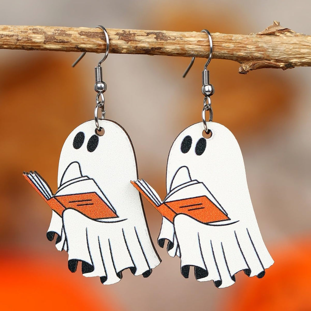 Halloween Drop Dangle Earrings for Women Lightweight Wooden Pumpkin Black Bat Halloween Earrings Cute Black Cat Ghost Earrings Halloweens Theme Gifts Party
