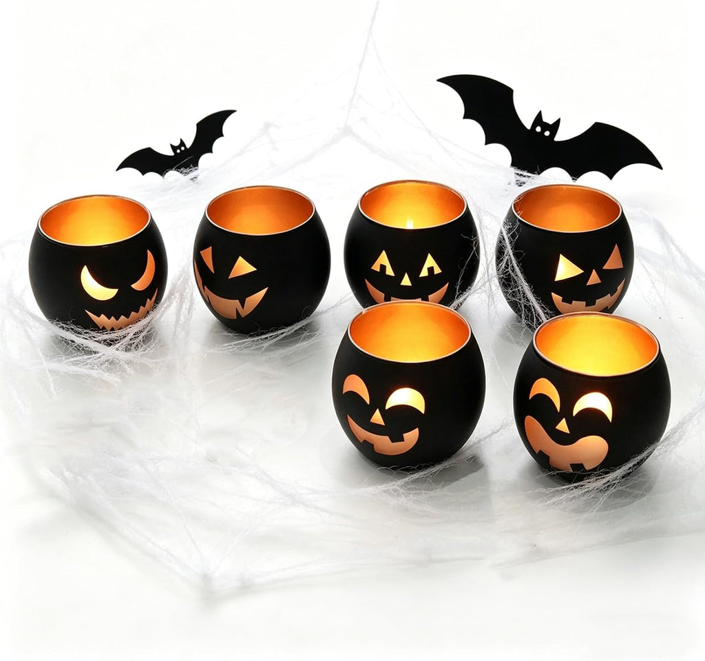 Halloween Table Decor Set of 6, Jack O Lanterns Black Glass Votive Tealight Candle Holders, Halloween Decorations Indoor Party Mantel Coffe Table Centerpiece Decor