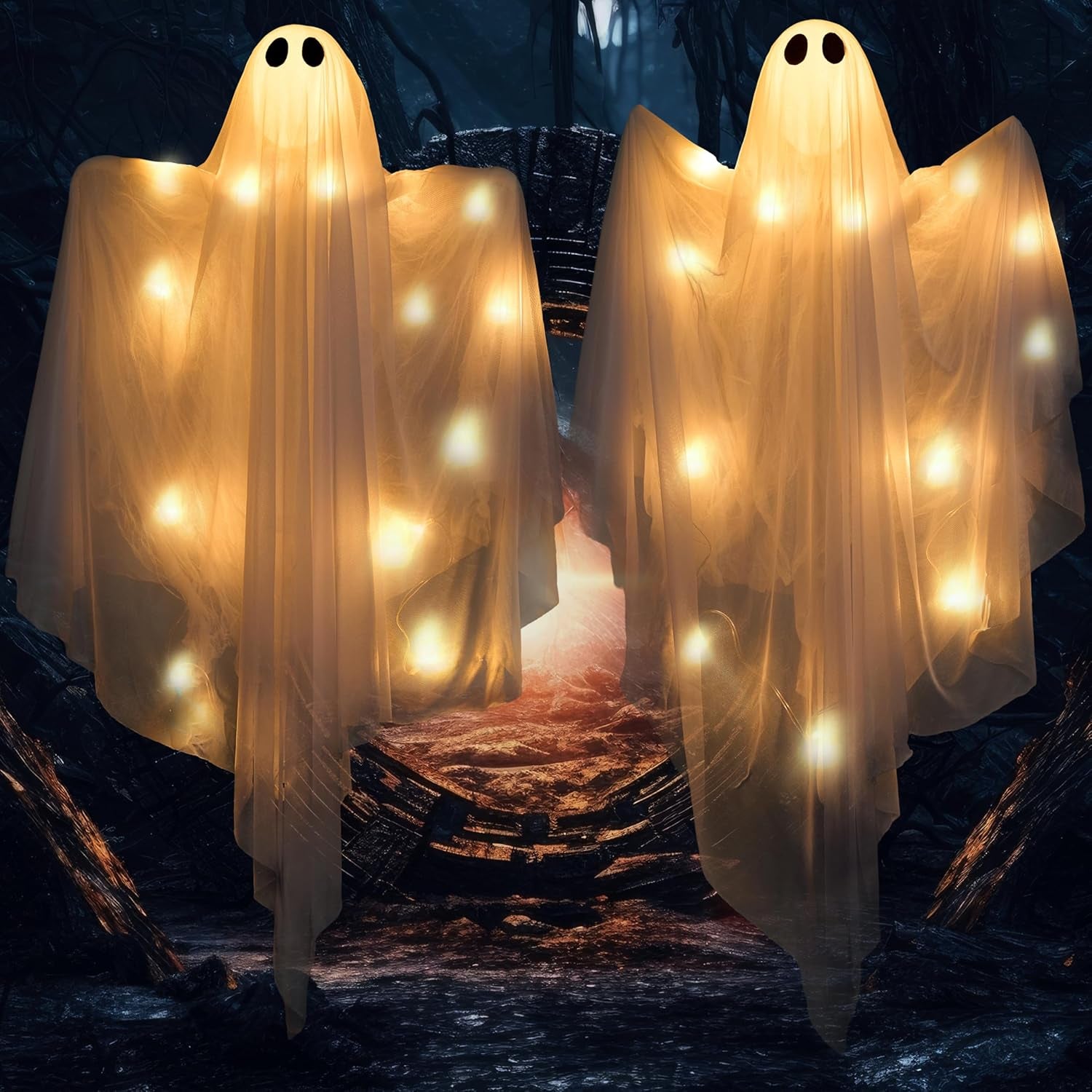 2 Pcs 47” Halloween Light up Hanging Ghost Decorations Outdoor, Halloween Flying Hanging Ghosts with Warm LED Lights and Timer for Haunted House Prop Front Yard Patio Party Decor Indoor Outdoor