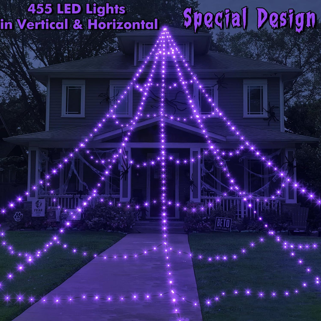 Spider Web Lights for Halloween Decorations Outdoor - 455 Leds, 8 Lighting Modes, 16.4 Ft Light up Giant Spider Web (Purple)