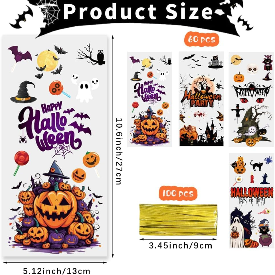 Halloween Cellophane Treat Bags, 60PCS Plastic Clear Halloween Candy Cookies Goodie Gift Bags with Ties for Halloweens Trick or Treat Party Favors Supplies, 4 Style