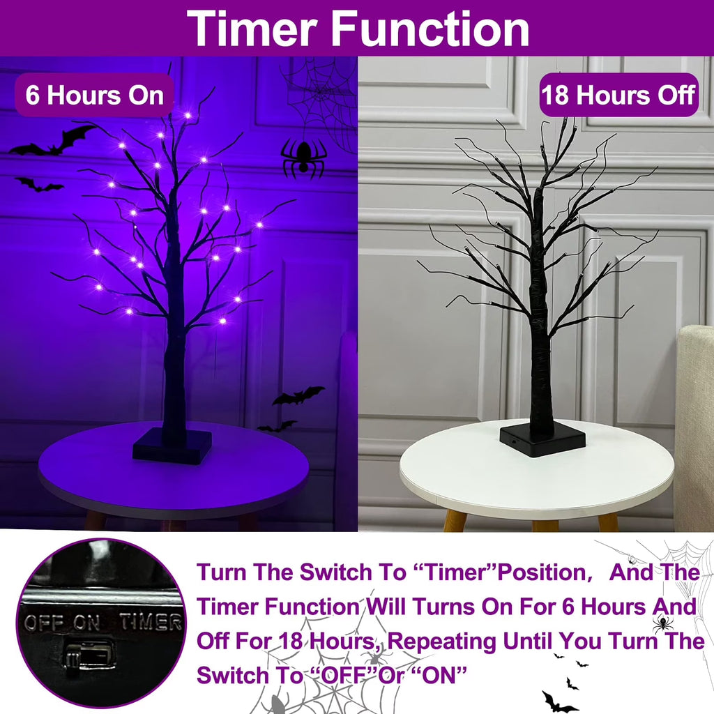 TETOU 1Pc-24Inch Halloween Birch Tree Decorations with Timer,Total 24 LED Battery Operated Tabletop Artificial Black Spooky Tree Hallowe'En Decorations for Indoor Home Holiday Party-Purple