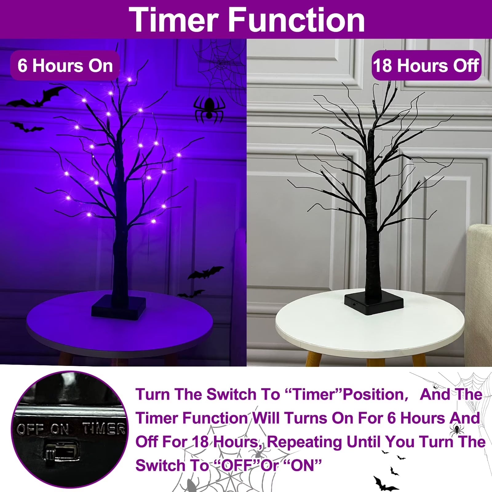 TETOU 1Pc-24Inch Halloween Birch Tree Decorations with Timer,Total 24 LED Battery Operated Tabletop Artificial Black Spooky Tree Hallowe'En Decorations for Indoor Home Holiday Party-Purple