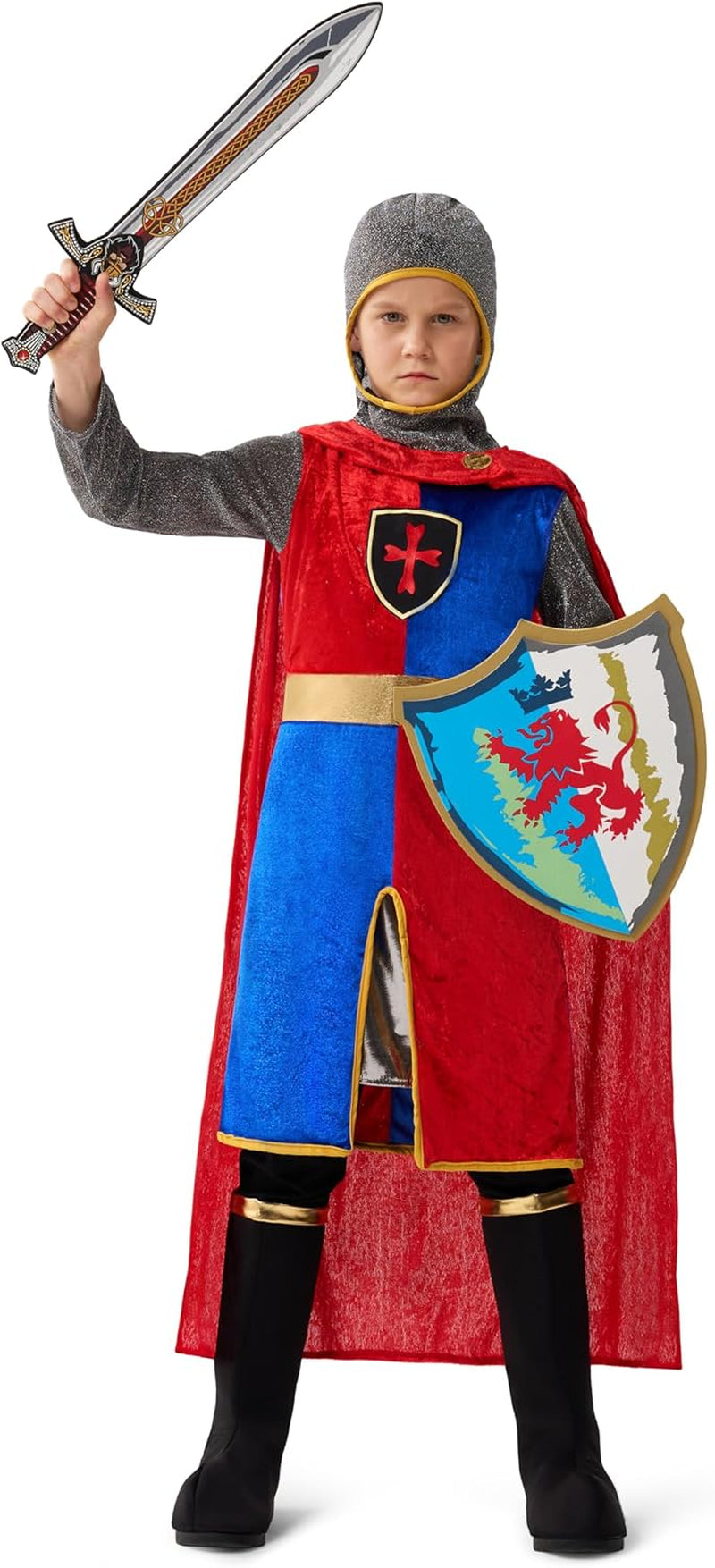 Kids Halloween Costume, Medieval Knight Outfit for Boys, Renaissance Knight Costumes for Halloween Role Play Parties, Red and Blue (Medium(8-10 Yrs))