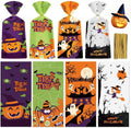 50 Pack Halloween Treat Bags - Plastic Halloween Goodie Bags, Happy Halloweens Candy Bag, Trick or Treat Snack Gift Cellophane Bags with Twist Ties for Kids Hallowen Party Birthday Supplies Favors