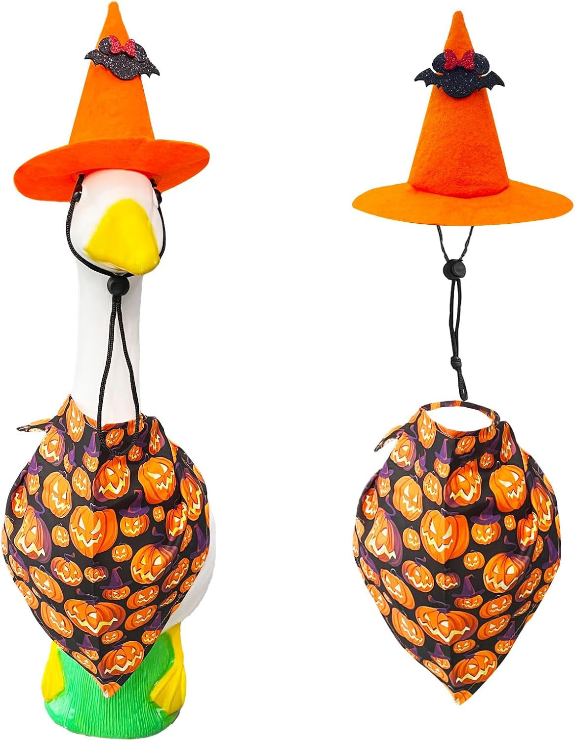 Halloween Porch Goose Outfits for 23"/17" Cement or Plastic Goose Statue,Halloweens Witch Hat and Colorful Scarf，For Halloweens Yard Lawn Outdoor Garden Patio Statue Decoration（Orange）