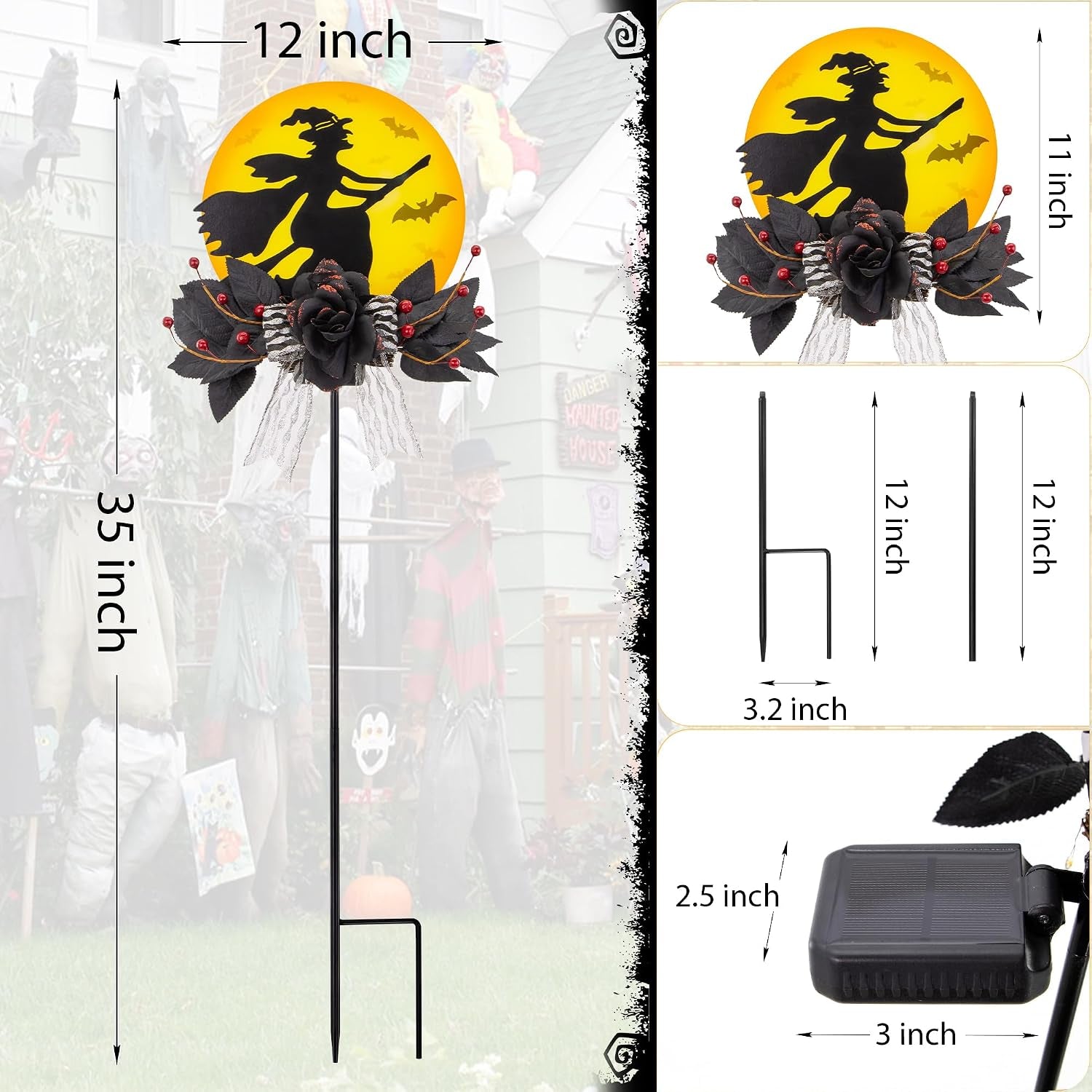 Solar Witch Halloween Stake 35In Iron Black Rose LED Garden Light