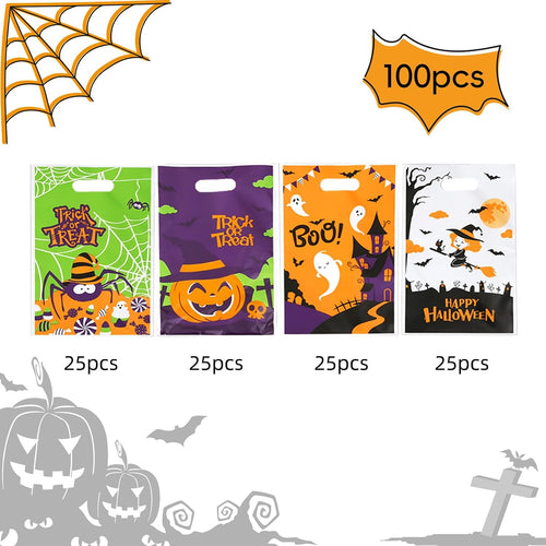 100Pcs Halloween Goodie Bags Trick or Treat Bags Plastic Candy Treat Bag with Handle Gift Bag for Halloween Party Favors Supplies