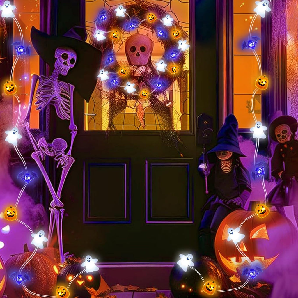 Halloween Lights Battery Operated 16.7Ft 50 LED 3D Pumpkin Bat Ghost Fairy Lights with Timer, Outdoor Waterproof Halloween Spooky Light for Indoor Outdoor Home Fireplace Party Decoration