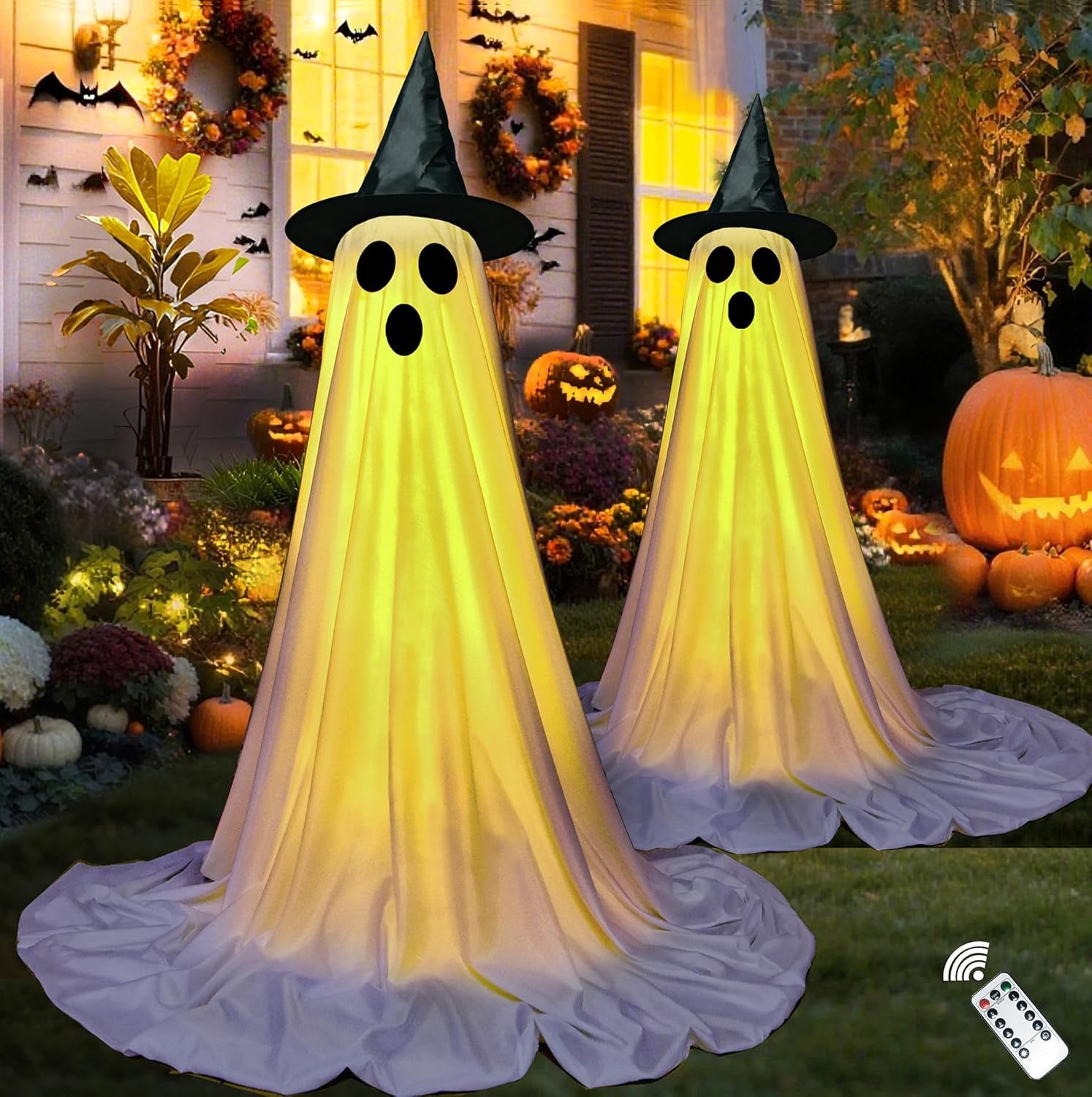 2Packs Halloween Decorations Outdoor,Halloweens Party Decoration Indoor,Light up Spooky Ghost with Remote Control String Lights,Halloween-Ghost for Yards Porches Gardens Lawn