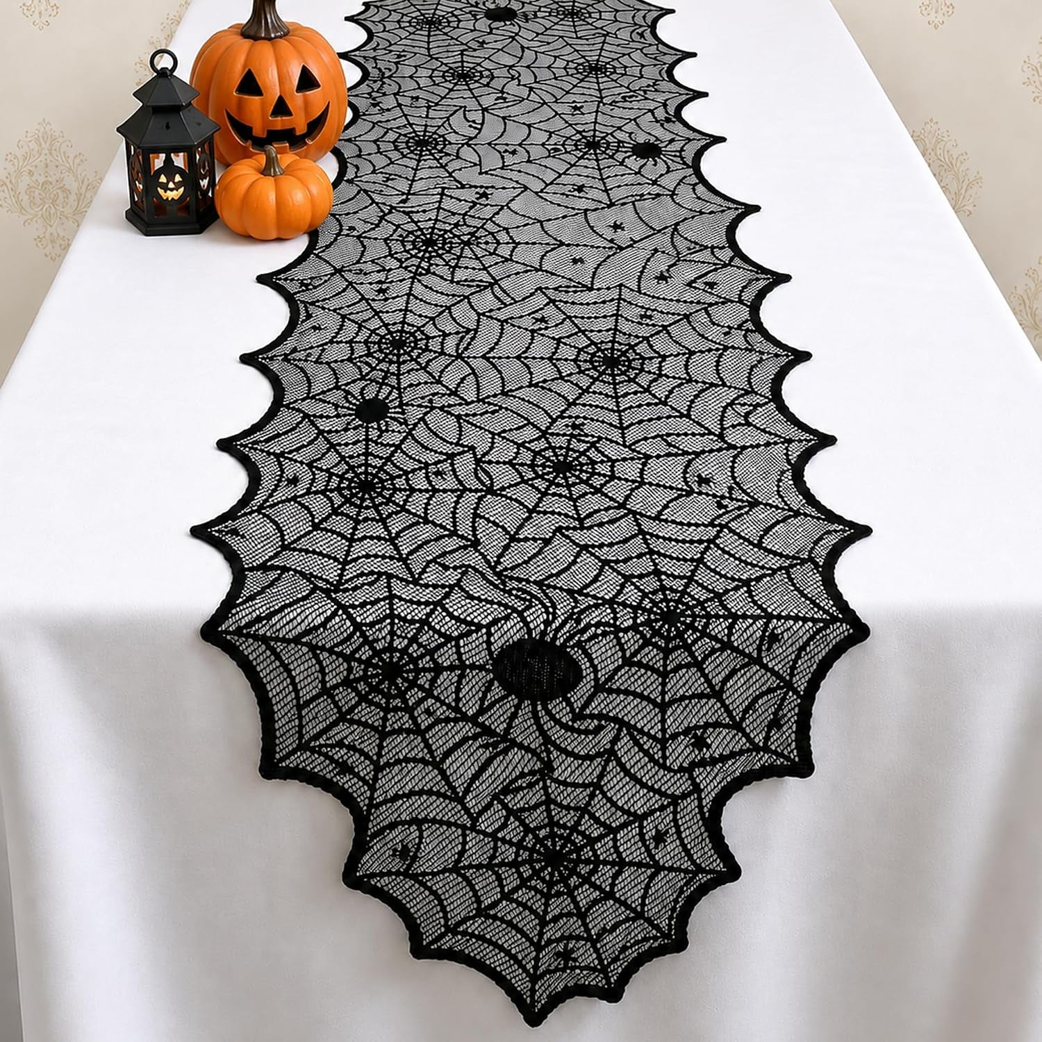 Halloween Decorations - Black Lace Spider Web Table Runner | Halloween Decor Party Favors Supplies for Indoor Outdoor - Halloween Table Centerpiece Decor for Home Office Dining Kitchen, 18 X 72 Inch
