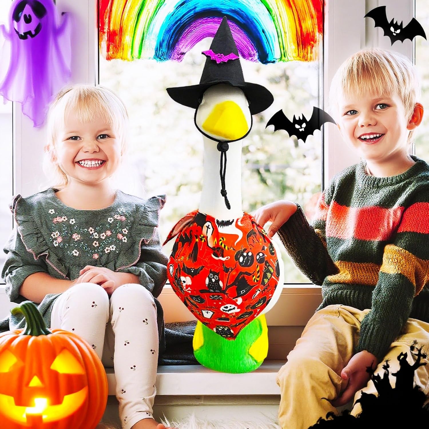 Halloween Porch Goose Outfits for 23"/17" Cement or Plastic Goose Statue,Halloweens Witch Hat and Colorful Scarf，For Halloweens Yard Lawn Outdoor Garden Patio Statue Decoration（Black）