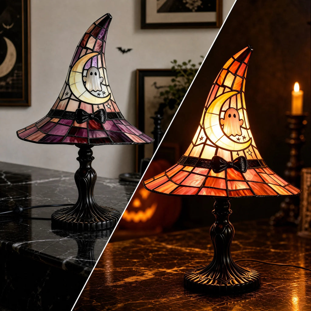 Stained Glass Witch Hat Lamp, Halloween Decoration Pink Purple Ghost Moon Small Tiffany Lamp, Gothic Indoor Halloween Table Decor Night Light - 11 Inch