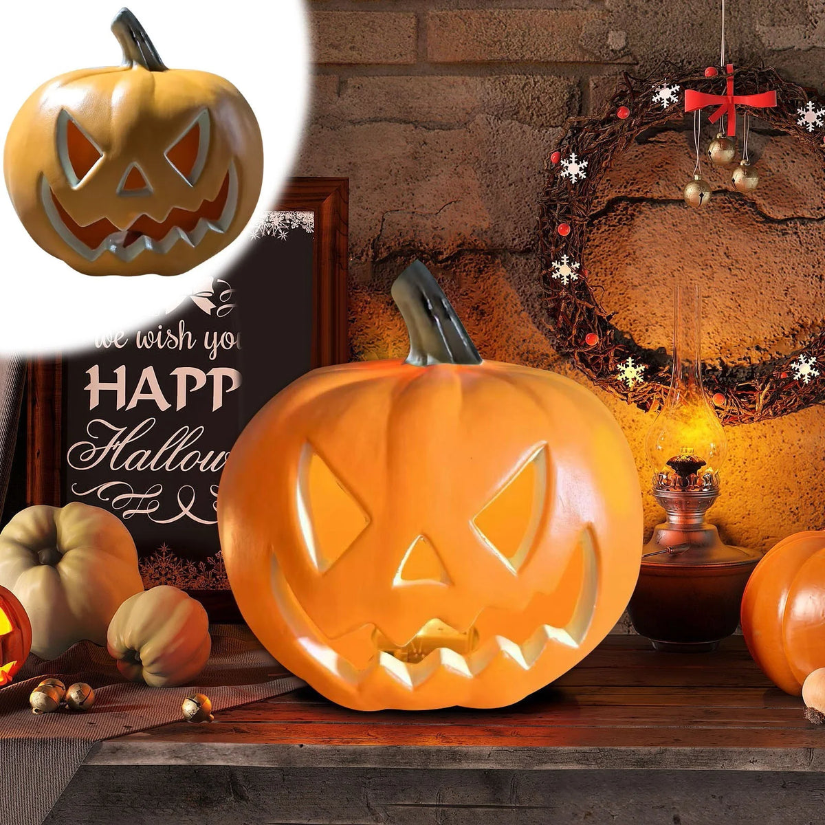 Dengmore 2026 Upgraded 8Inch Warm Light Pumpkin Lantern Scene Layout Halloween Decorations Light up Pumpkin 3D Fall Pumpkin Battery Operated Orange
