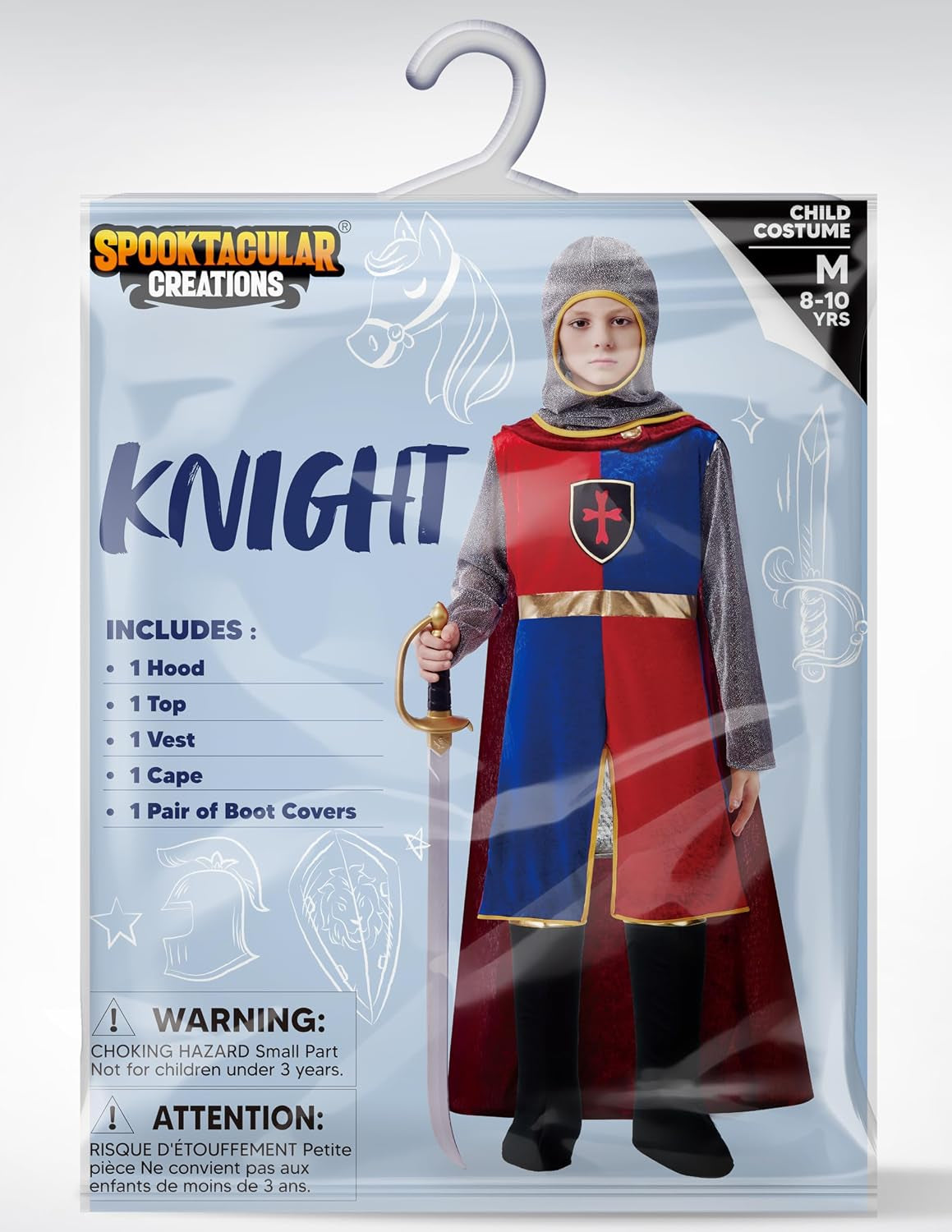Kids Halloween Costume, Medieval Knight Outfit for Boys, Renaissance Knight Costumes for Halloween Role Play Parties, Red and Blue (Medium(8-10 Yrs))
