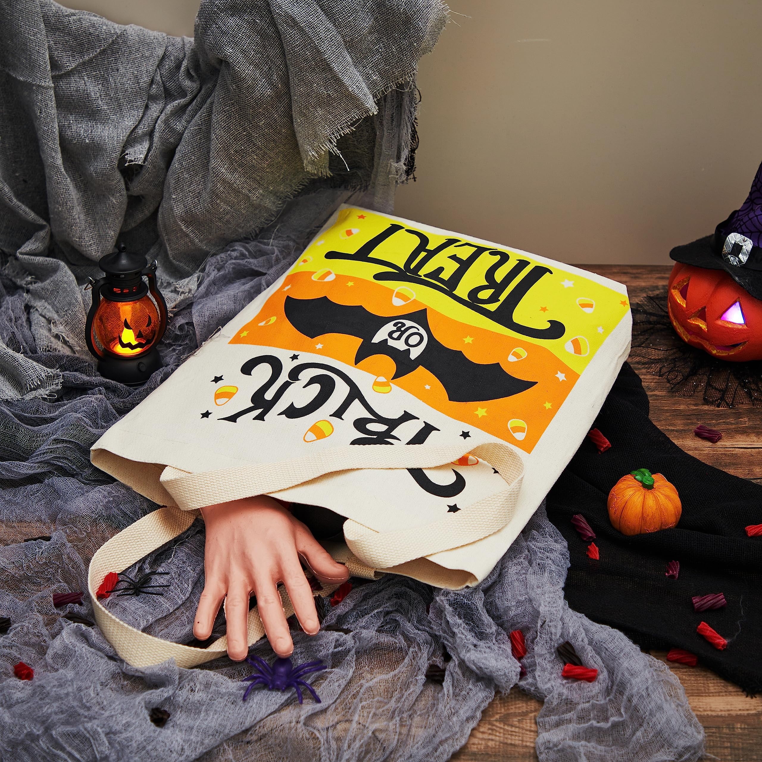 Joyfy 3 Pcs 13.75" Halloween Trick or Treat Bags with Handles, Reusable Canvas Gift Bag for Party Favor Supplies,Halloween Bags for Kids