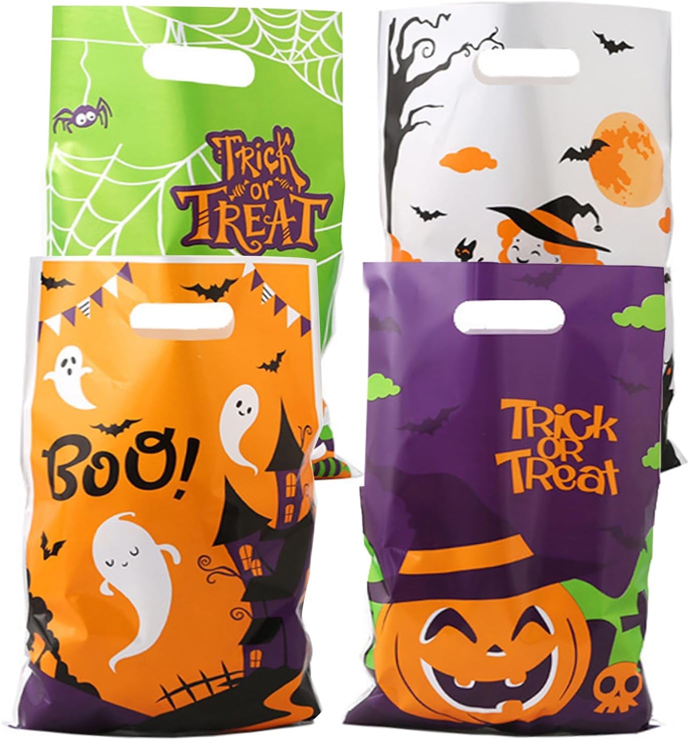 100Pcs Halloween Goodie Bags Trick or Treat Bags Plastic Candy Treat Bag with Handle Gift Bag for Halloween Party Favors Supplies