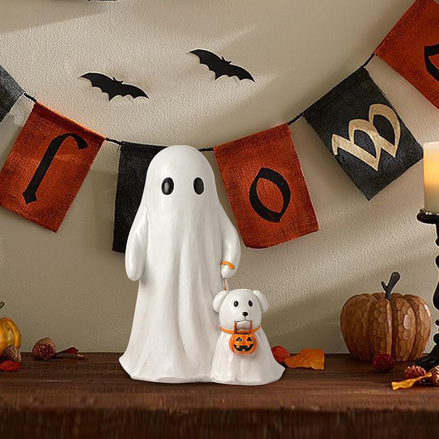 Halloween Ghost Walking Dog Statue, Cute White Ghosts Figurines