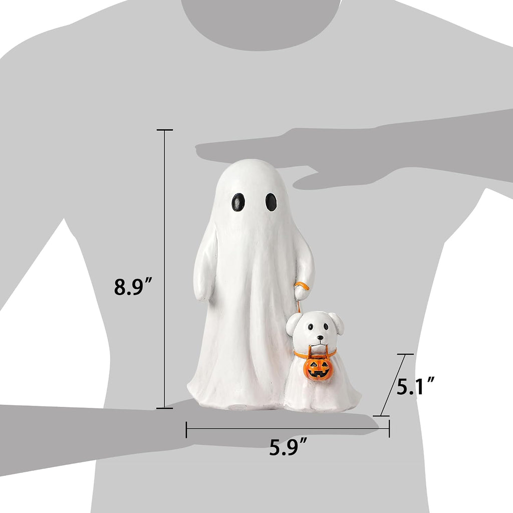 Halloween Ghost Walking Dog Statue, Cute White Ghosts Figurines