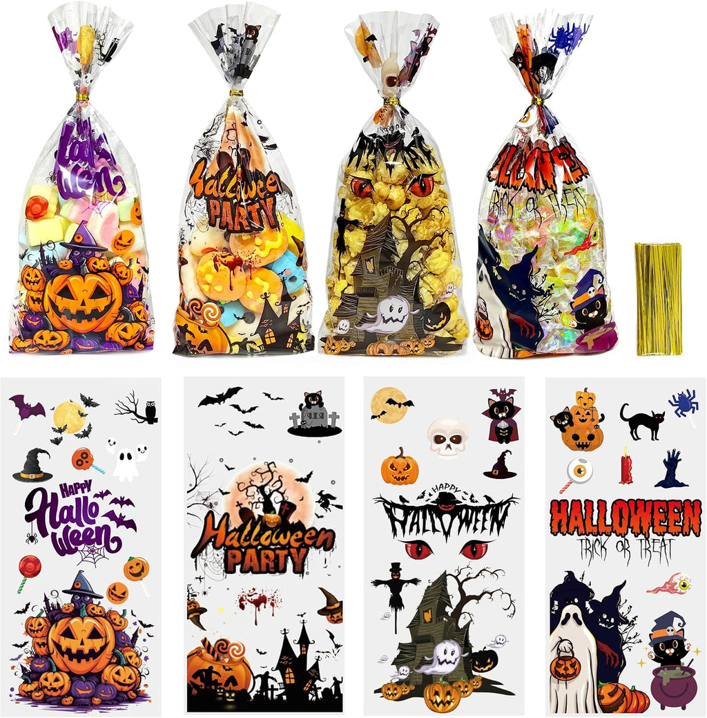 Halloween Cellophane Treat Bags, 60PCS Plastic Clear Halloween Candy Cookies Goodie Gift Bags with Ties for Halloweens Trick or Treat Party Favors Supplies, 4 Style