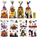 Halloween Cellophane Treat Bags, 60PCS Plastic Clear Halloween Candy Cookies Goodie Gift Bags with Ties for Halloweens Trick or Treat Party Favors Supplies, 4 Style