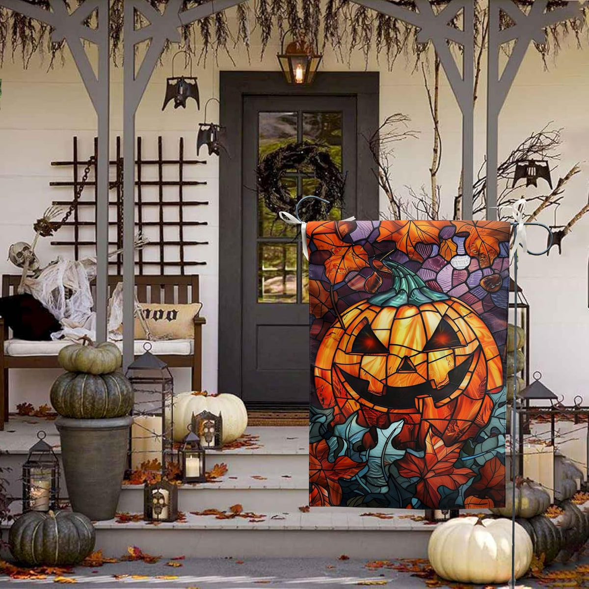 Scary Pumpkin Garden Flag Spooky Halloween Yard Flags for outside 12X18 Double Sided Small Fall Outdoor Flag Stained Glass Autumn Flags for Porch Lawn Farmhouse Thanksgiving Decor