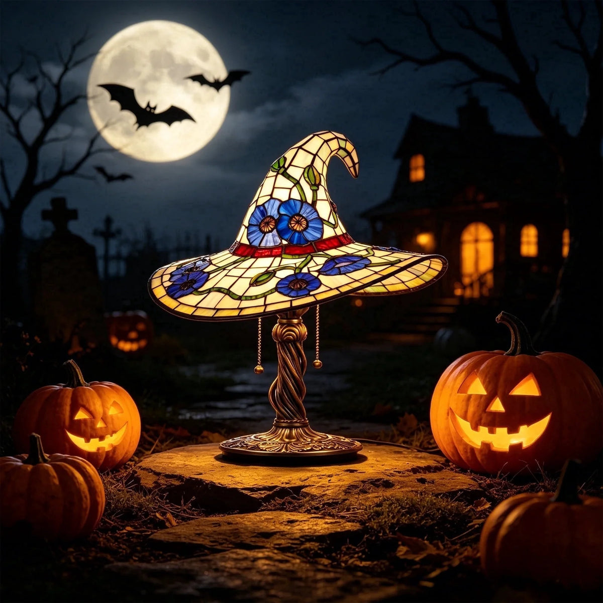 Halloween Witch Hat Table Lamp, Stained Glass Style Jack O Lantern Night Light Ghost Decor Skull Nightlight for Indoor Home Office Table Mantel Shelf Party Supply