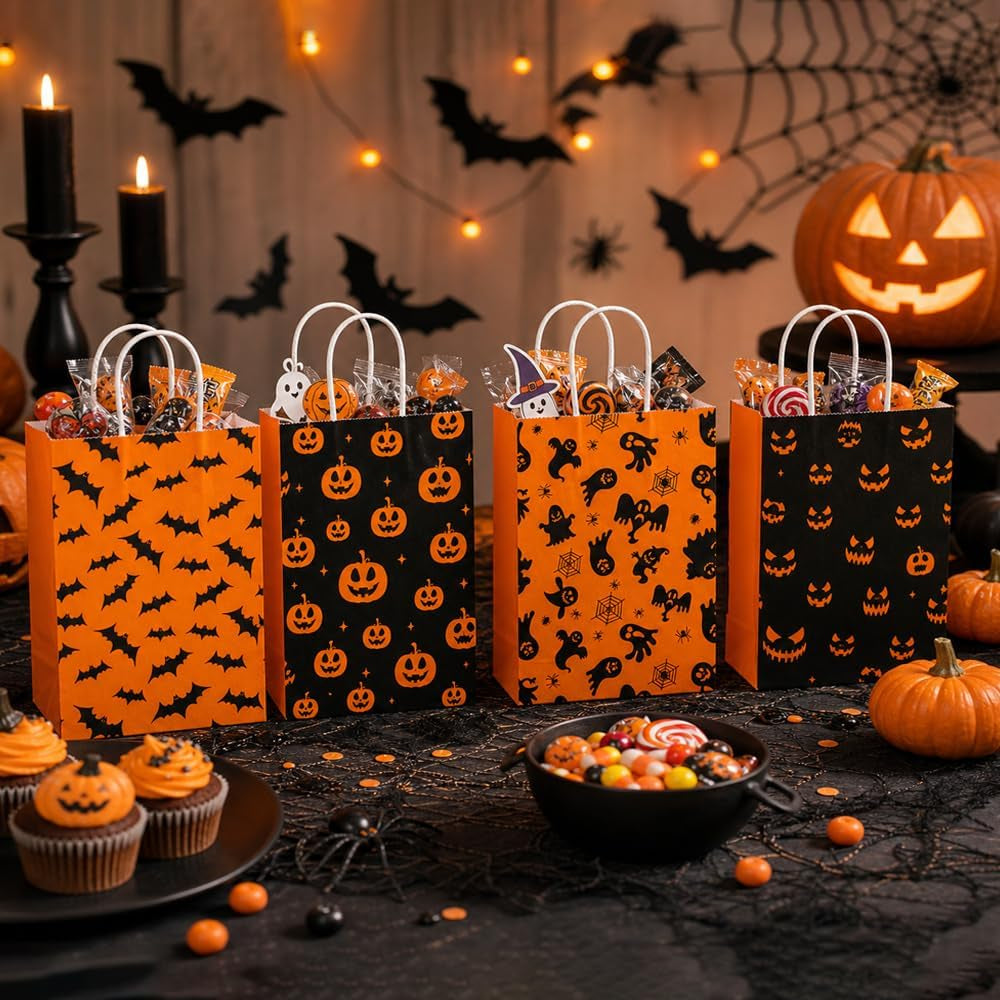 12 PCS Halloween Treat Bags with Handle for Candy Goodie Gift Snack Wrap