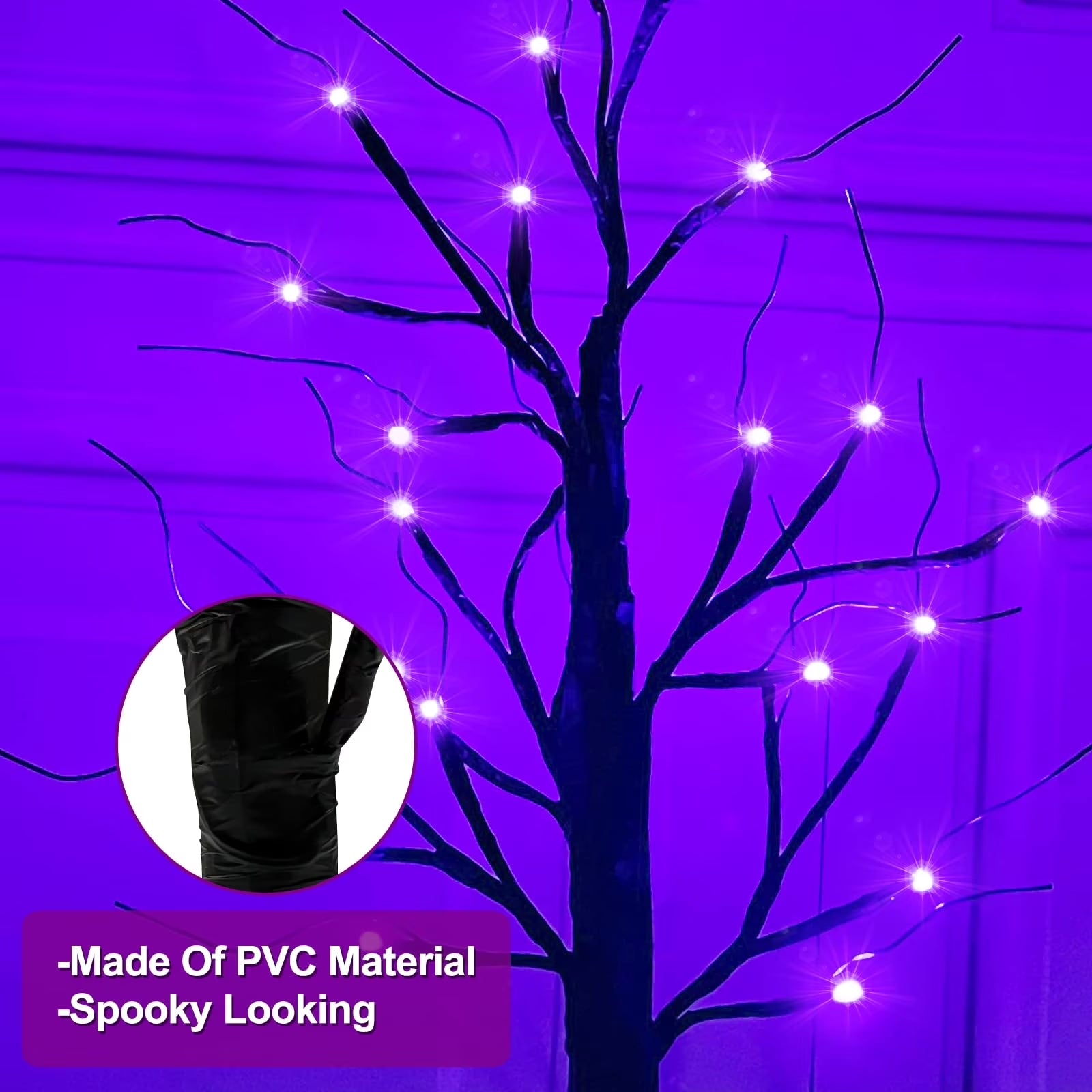 TETOU 1Pc-24Inch Halloween Birch Tree Decorations with Timer,Total 24 LED Battery Operated Tabletop Artificial Black Spooky Tree Hallowe'En Decorations for Indoor Home Holiday Party-Purple
